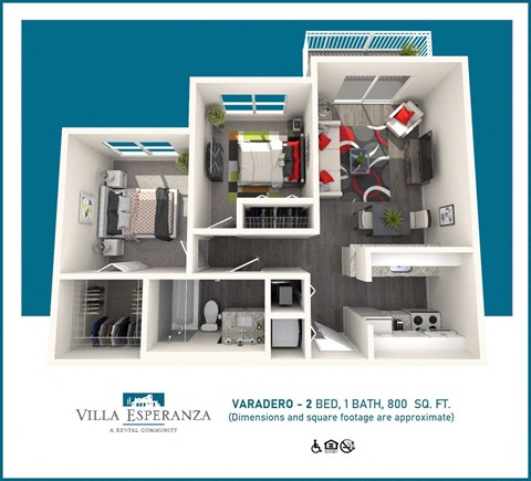 Floor plan for 2 beds, 1 bath, 755 sqft
